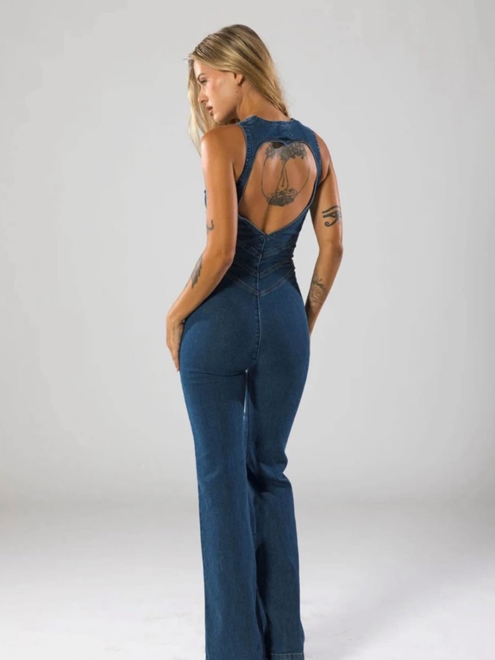 REVICE Dark Blue Denim Cutout Back Flare Jumpsuit